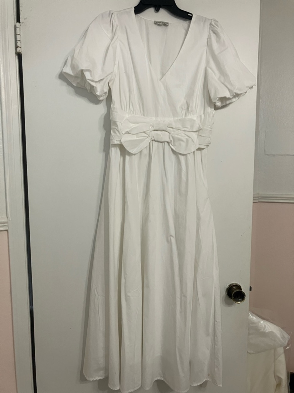 Moon River White Midi Dress with Puff Sleeves and Waist Bow